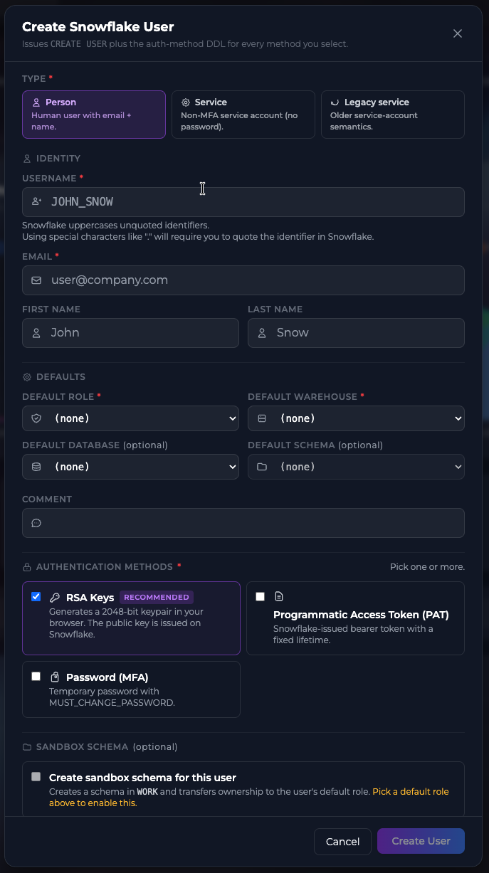 Create Snowflake User form with Person/Service/Legacy type tabs, identity fields, defaults, and authentication-method picker (RSA Keys, PAT, Password MFA)